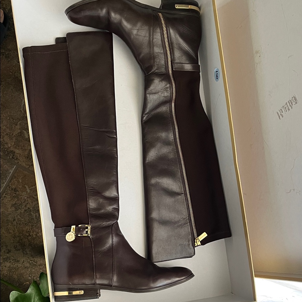 MK Women’s Brown Tall Riding Boots with Gold Hardware